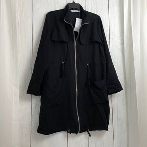 Long Black Trench Coat Silver Zipper Cinched waist JustFab